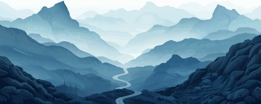 A serene mountain pass with a winding trail leading through rocky terrain. Vector flat minimalistic isolated illustration.