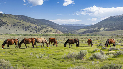 Obraz premium A group of wild horses grazing in a green meadow with a clear sky above