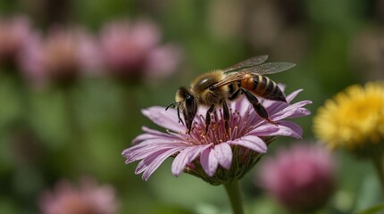 Fototapeta premium photo of honey bees taking nectar from flowers made by AI generative