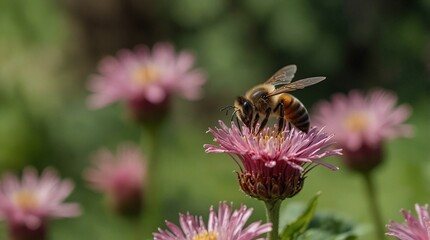 photo of a bee on a flower with a flower garden background made by AI generative