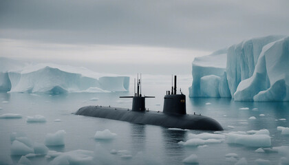 Fototapeta premium A submarine submerged in icy Arctic waters, with icebergs floating above and a pale, overcast sky 