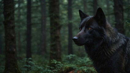 black wolf photo with forest background made by AI generative