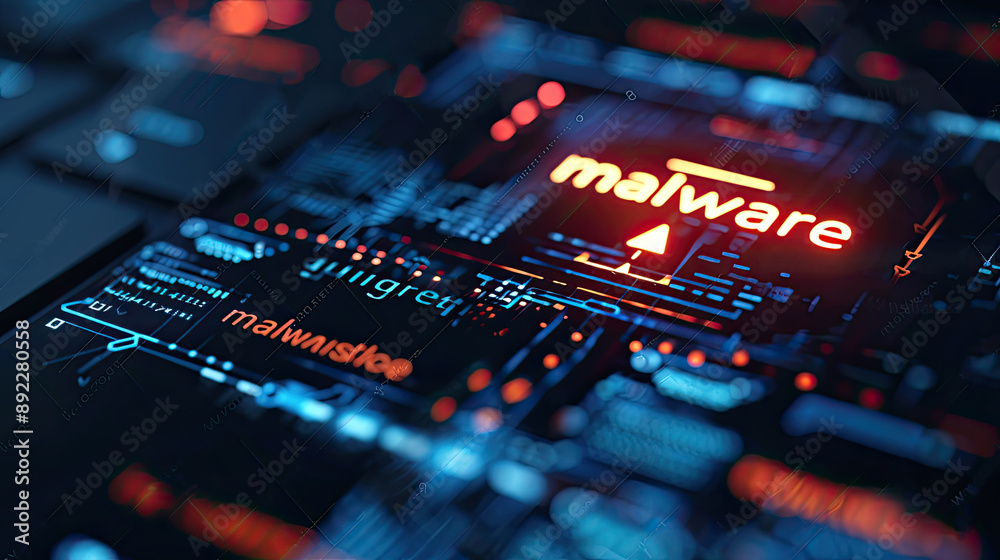 Poster detecting of a malware. virus, system hack, cyber attack, 