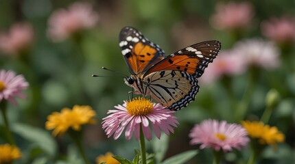 Obraz premium photo of an orange butterfly on a flower with a forest background made by AI generative