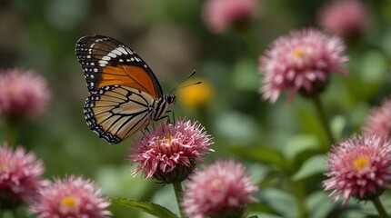 Obraz premium photo of an orange butterfly on a flower with a forest background made by AI generative