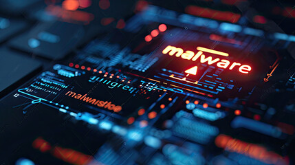 Detecting of a malware. Virus, system hack, cyber attack, "malware" word on circuit board,