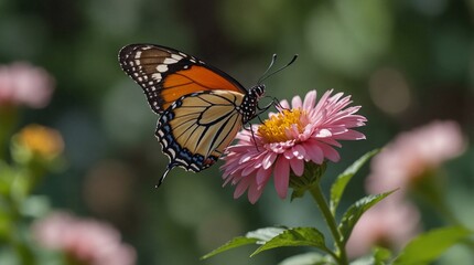 Obraz premium photo of an orange butterfly on a flower with a forest background made by AI generative