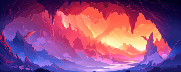 A mystical dragon's lair hidden deep within a mountain cavern. Vector flat minimalistic isolated