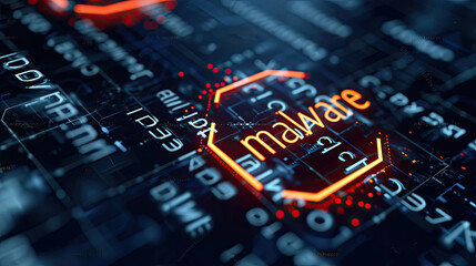 Detecting of a malware. Virus, system hack, cyber attack, "malware" word on circuit board,