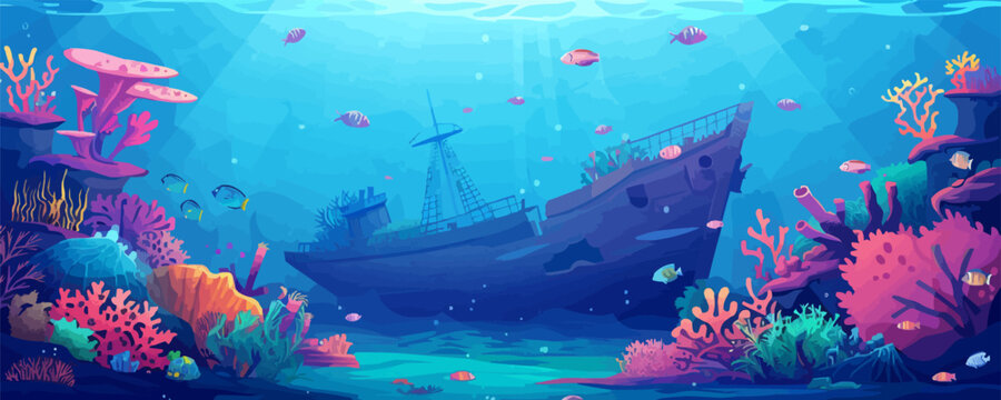 Underwater shipwreck surrounded by coral and marine life. Vector flat minimalistic
