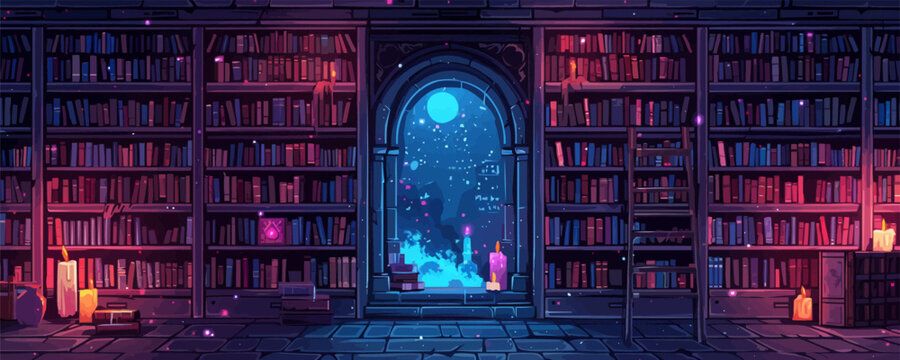A magical library filled with ancient tomes and spellbooks. Vector flat minimalistic isolated