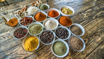 Big set of Indian spices on wooden table - Top view - Horizontal image