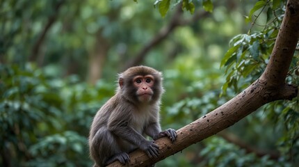 Obraz premium focus photo of grey monkey with green forest background made by AI generative