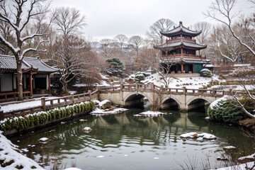 Fototapeta premium A serene classical Chinese garden blanketed in winter snow, with delicate flakes gently falling, creating a picturesque and tranquil scene that captures the timeless beauty of traditional Chinese arch