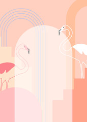 Stylish card with flamingos and color blocks. Vector illustration.