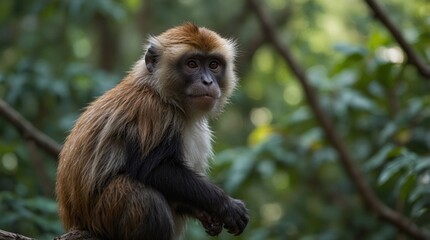 focus photo of grey monkey with green forest background made by AI generative