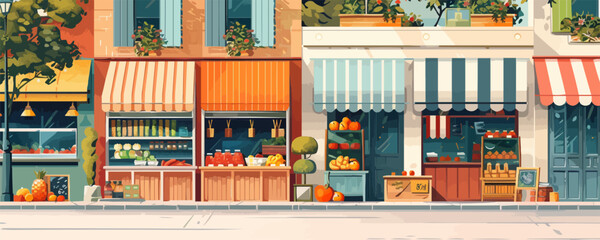 Fototapeta premium Urban street market with stalls and awnings Vector flat minimalistic isolated illustration