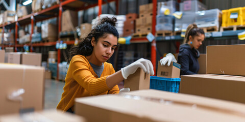 hispanic young woman working in a warehouse, packing boxes. online delivery concept online delivery concept