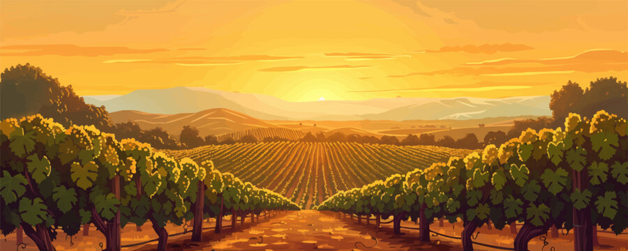 A tranquil vineyard with rows of grapevines stretching into the distance under a golden sunset. Vector flat minimalistic isolated illustration.
