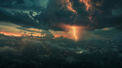 Naklejka premium A dramatic thunderstorm with lightning striking in the distance over a city