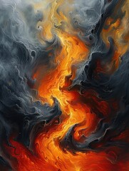 Abstract painting with swirling orange and grey hues