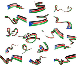 Set Of Different Style Of South Sudan Wavy Abstract Ribbon Flags On White Background 3d Illustration