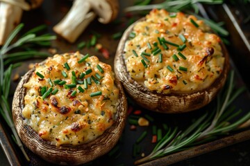 Two Stuffed Mushrooms Topped with Cheese and Green Onions on a Dark Background