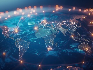 Fototapeta premium World map with global network and connectivity on a blue background. High-resolution, detailed vector illustration representing international communication and digital connections.