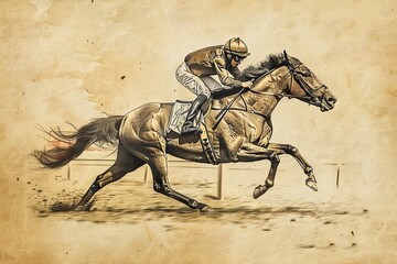 Jockey riding a horse in a vintage illustration style. Concept of equestrian sports, horse racing, thoroughbred horse, competition