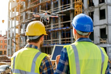 Construction workers using a drone on a building site. Two men with helmets analyzing footage. Modern technology for construction and site management. Industrial development and innovation
