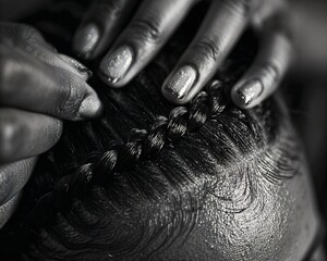 a black and white photo of a woman getting her hair done