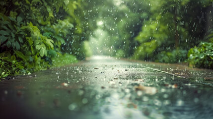 Fototapeta premium Rain falling on empty path through green forest