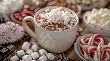 a cup of hot chocolate surrounded by candy canes and candies