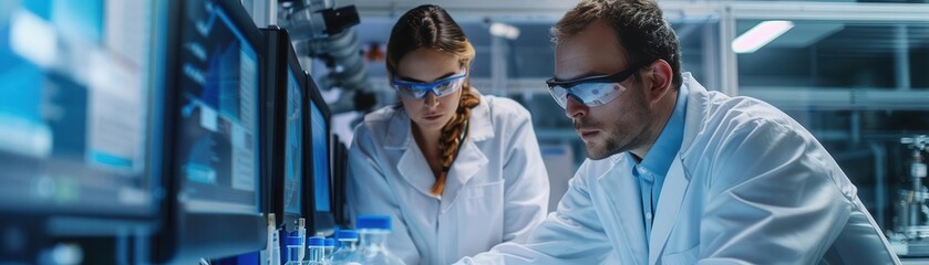 Engineers analyzing system operations in a research facility, clear text area, laboratory