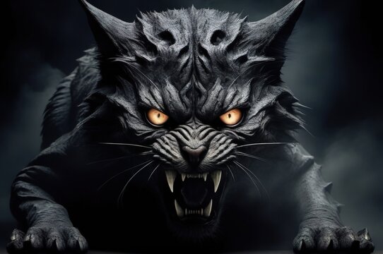 A creepy black devilish cat with huge fangs is preparing to attack.