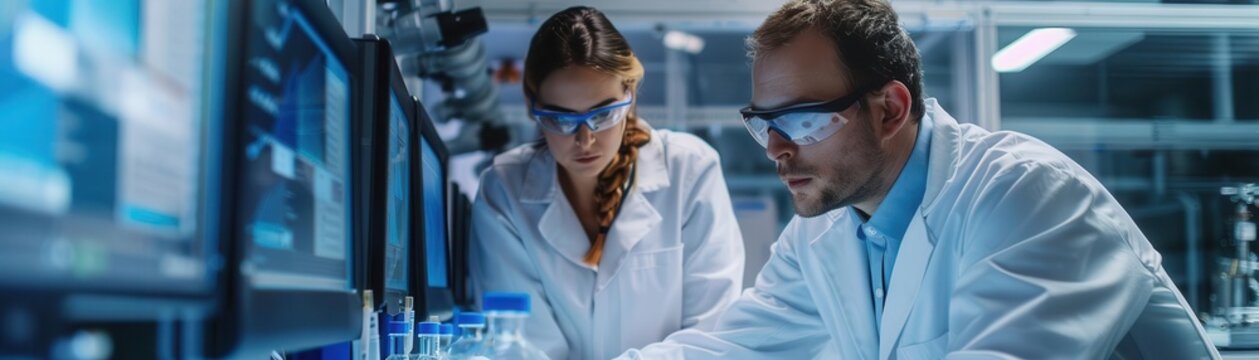 Engineers analyzing system operations in a research facility, clear text area, laboratory