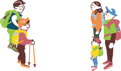 わくわく登山　登山のためふもとに集まった登山客たち　セットのストックイラスト素材	
