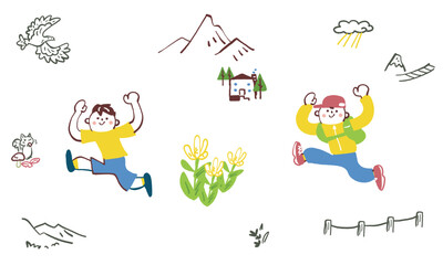 わくわく登山　日常生活の僕と登山支度したぼく　セットのストックイラスト素材
