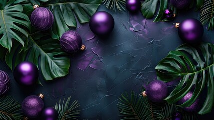 Purple Christmas baubles with monstera leaves on a dark background with amethyst color palette