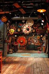 Naklejka premium An empty whimsical toy workshop, with giant wooden toys, colorful gears, and a cozy, old-fashioned atmosphere. 