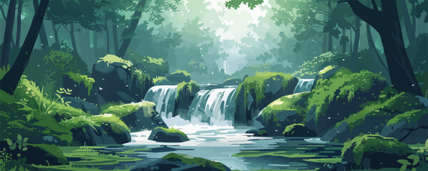 Fototapeta premium A tranquil woodland glen with a babbling brook and mossy rocks. Vector flat minimalistic isolated illustration.