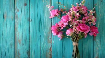 Fototapeta premium Pink bouquets on turquoise timber