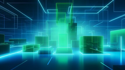 Fototapeta premium 3d rendering of blue and green abstract geometric background. Scene for advertising, technology, showcase, banner, game, sport, cosmetic, business, metaverse. Sci-Fi Illustration. Product display