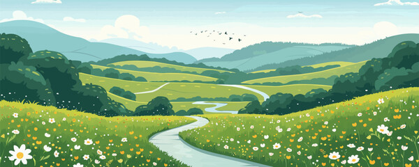 A serene countryside landscape with rolling hills and a winding river. Vector flat minimalistic isolated illustration.