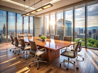 Fototapeta premium Modern conference room with sleek chairs and sleek wooden table surrounded by floor-to-ceiling windows, capturing the essence of dynamic corporate collaboration and innovation.