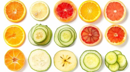 Obraz premium Slices of fresh, healthy fruits and vegetables meticulously arranged and isolated on a crisp white background