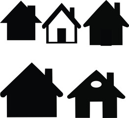 Home Icons Set features a comprehensive collection of black flat and line vector icons representing various real estate objects and houses. 