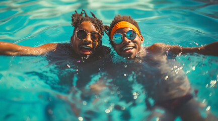 Naklejka premium 2 happy and smiling friends swimming in the pool 