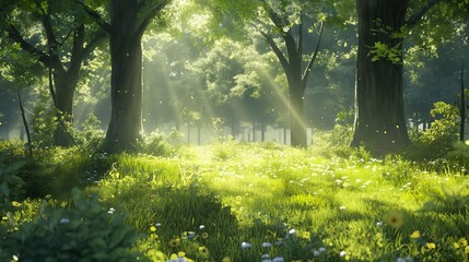 Obraz premium A forest with a path through it and a field of flowers. Anime background. Anime wallpaper