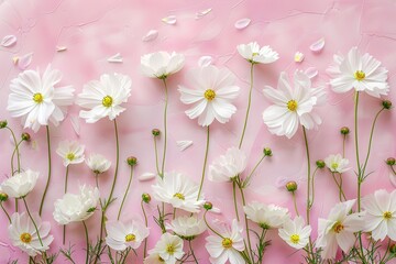 Elegant White Cosmos Flowers on Pink Background with Copy Space, High Definition Floral Frame for Design Concepts